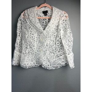 Nabi Womens White Sheer Geometric Circle Lace Button Front Blazer Jacket Small